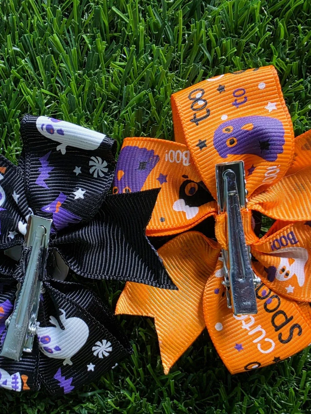 Halloween Kids Hair Bows – Orange & Black Cute Ghosts and Cats
